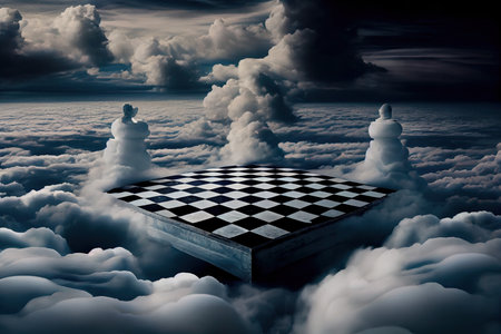 chess board floating in a sea of clouds, with dramatic sky and stormy weather, created with generative aiの素材