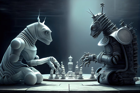 surreal chess scene, with a robot and alien playing against each other, created with generative aiの素材