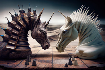surreal chess match, with a dragon and unicorn battling for dominance on the board, created with generative aiの素材