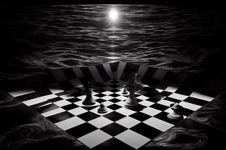 surreal chessboard floating in a void of darkness and silence, created with generative aiの素材