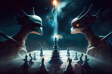 surreal chess match between a human and an alien, with spaceships hovering overhead, created with generative aiの素材