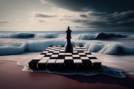 chessboard on a beach, with waves crashing in the background, created with generative aiの素材