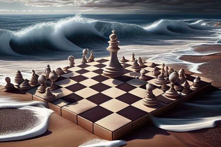 chessboard on a beach, with waves crashing in the background, created with generative aiの素材