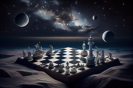 surreal chess board floating in midair, with a view of the night sky, created with generative aiの素材