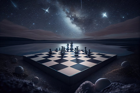 surreal chess board floating in midair, with a view of the night sky, created with generative aiの素材