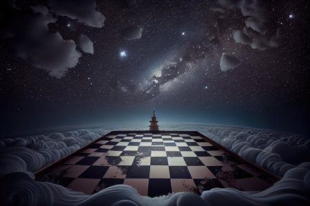 surreal chess board floating in midair, with a view of the night sky, created with generative aiの素材