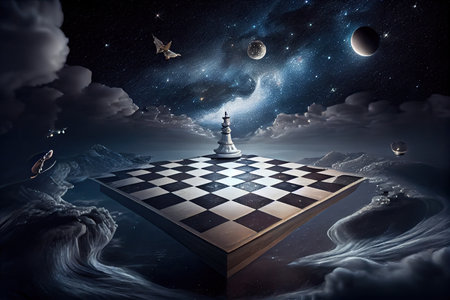 surreal chess board floating in midair, with a view of the night sky, created with generative aiの素材