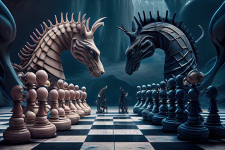 surreal chess board playing out a fierce battle between magical creatures and warriors, created with generative aiの素材