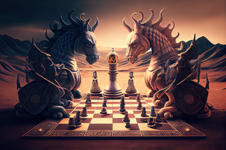 surreal chess board playing out a fierce battle between magical creatures and warriors, created with generative aiの素材