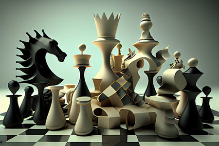 chess battle, with the chess pieces assuming abstract and surreal forms, created with generative aiの素材