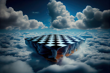 chessboard floating on a cloud, with the blue sky and fluffy clouds visible in the background, created with generative aiの素材