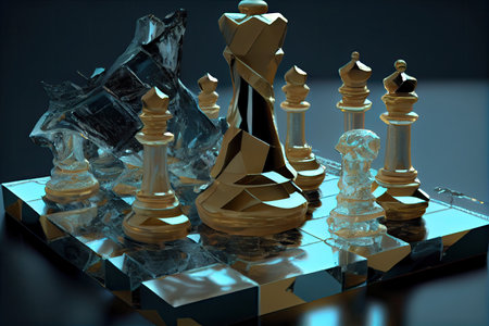 chess match, in which the pieces and board are made of unusual materials, such as ice or gold, created with generative aiの素材