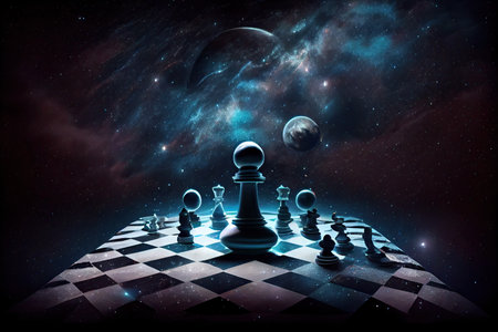 a surreal chess board floating in outer space, with galaxies and stars visible in the background, created with generative aiの素材