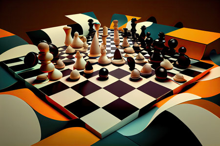 surreal chessboard, with pieces in motion, on a background of abstract geometric shapes, created with generative aiの素材