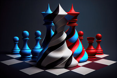 classic game of chess, but with surreal twist: black and white pieces are replaced by red and blue, created with generative aiの素材
