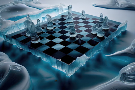 surreal chess board made of ice, with pieces frozen in place, created with generative aiの素材