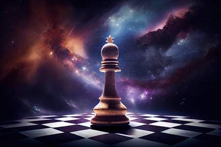 chessboard floating in space, with nebula and stars in the background, created with generative aiの素材