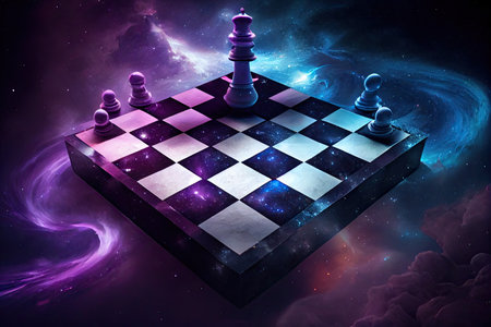 chessboard floating in space, with nebula and stars in the background, created with generative aiの素材