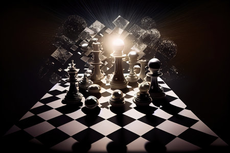 surreal chessboard with floating pieces and light rays on black background, created with generative aiの素材