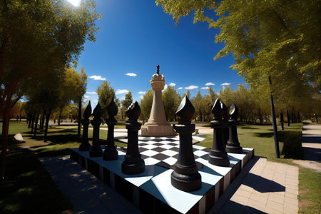 giant chess set in a park, with towering trees and blue sky visible above, created with generative aiの素材