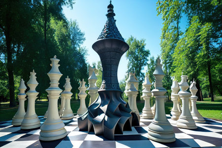 giant chess set in a park, with towering trees and blue sky visible above, created with generative aiの素材