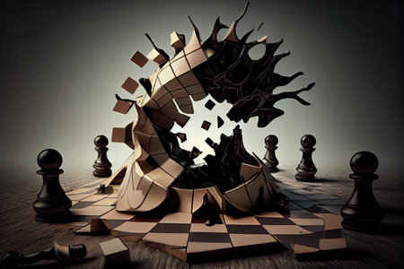 surreal chess game with broken, stained pieces on a warped and twisted board, created with generative aiの素材