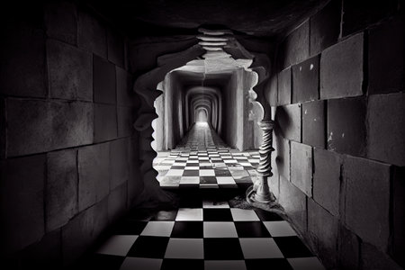chess game in a maze of narrow and twisted corridors, with dangers lurking around every corner, created with generative aiの素材