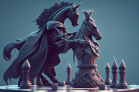 surreal black knight in a game of surreal chess, bravely defending its king, created with generative aiの素材