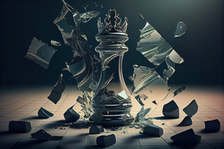 surreal chess game with broken and twisted pieces, surrounded by shattered glass, created with generative aiの素材