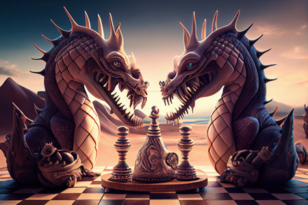 surreal chess match between king and queen, with dragon in the background, created with generative aiの素材