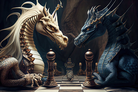 surreal chess match between king and queen, with dragon in the background, created with generative aiの素材