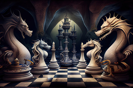 surreal chess game with unusual setting, featuring dragons and knights, created with generative aiの素材