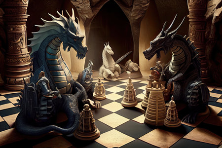 surreal chess game with unusual setting, featuring dragons and knights, created with generative aiの素材