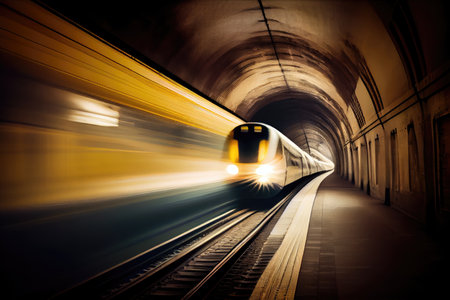 subterranean train tunnel, with passing of subway car and blur of motion, created with generative aiの素材