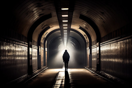 person, walking through the subway tunnel, with their trusty flashlight in hand, created with generative aiの素材