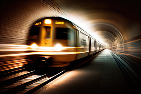 subway train, speeding through tunnel, with blurred lights and sounds, created with generative aiの素材