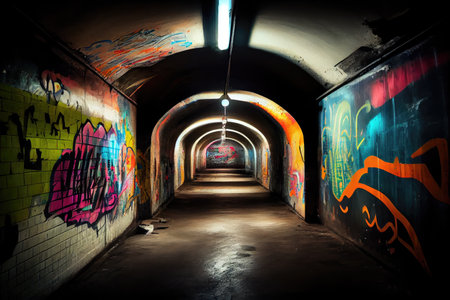 underground tunnel with bright graffiti, tags and murals, created with generative aiの素材