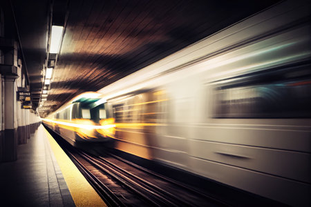 subway tunnel, with view of subway cars passing by in blur, during rush hour, created with generative aiの素材