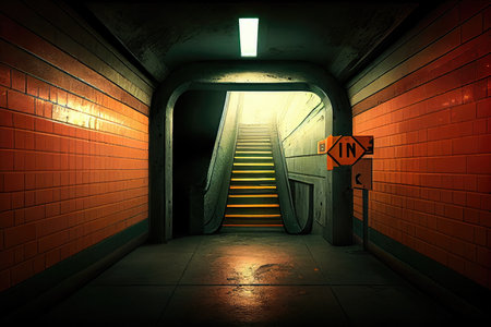 subterranean subway tunnel, with emergency exit stairs and lighted exit signs, leading to safety, created with generative aiの素材