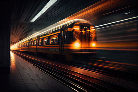 subway train, speeding past the darkened tunnel, with view of the flickering lights and reflections on the windows, created with generative aiの素材