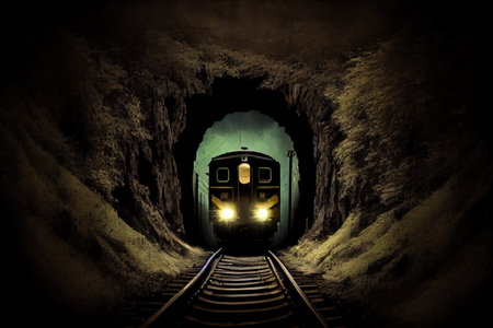 subterranean tunnel, with track and train emerging from the darkness, created with generative aiの素材