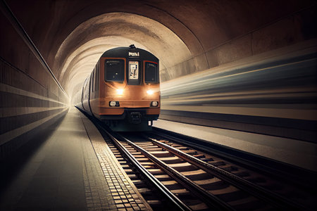 subway underground tunnel, with train speeding past, on its way to the next station, created with generative aiの素材