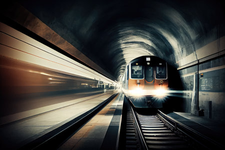 subway underground tunnel, with train speeding past, on its way to the next station, created with generative aiの素材