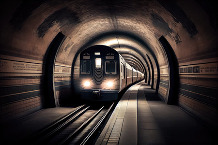 subway underground tunnel, with train speeding past, on its way to the next station, created with generative aiの素材