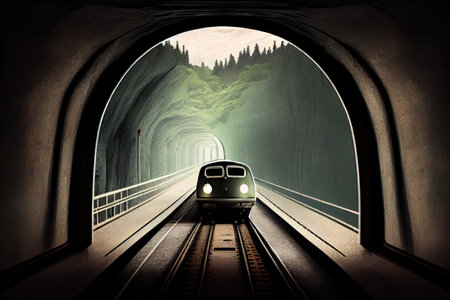subway car, speeding through tunnel, with view of the outside world visible in the background, created with generative aiの素材