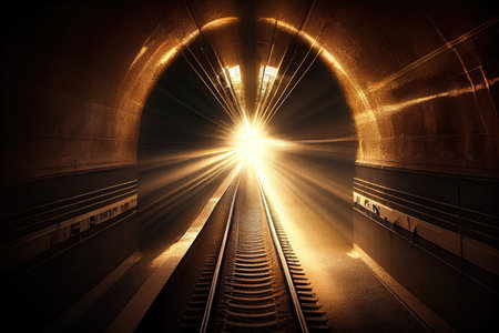 subway tunnel with burst of sunlight from above, shining down onto the tracks, created with generative aiの素材