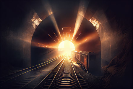 subway tunnel with burst of sunlight from above, shining down onto the tracks, created with generative aiの素材