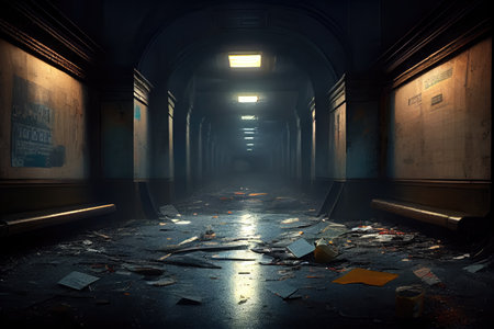 desolate subway tunnel, with broken lights and trash on the floor, created with generative aiの素材