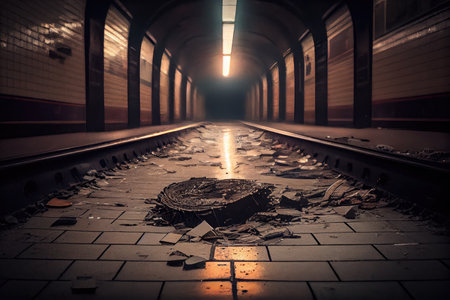 desolate subway tunnel, with broken lights and trash on the floor, created with generative aiの素材