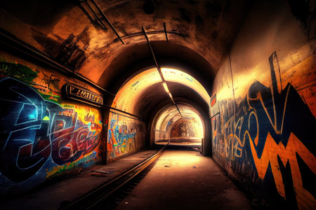 subway tunnel, with graffiti art and tags on the walls, created with generative aiの素材